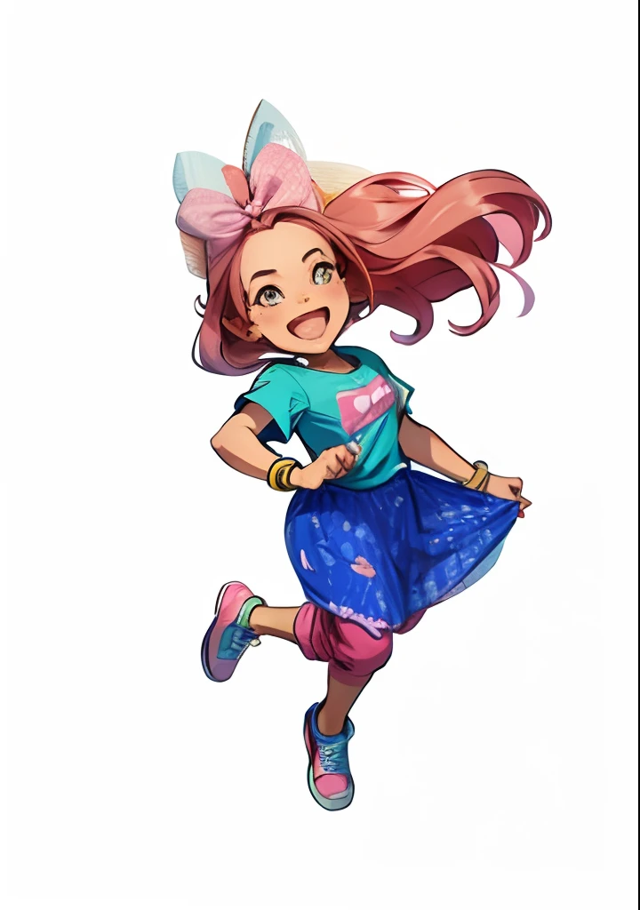 Mulher estilo dos desenhos animados, sorrindo, vestido azul, camiseta rosa, pink pants, tenis amarelo e rosa, large bow in the hair.
