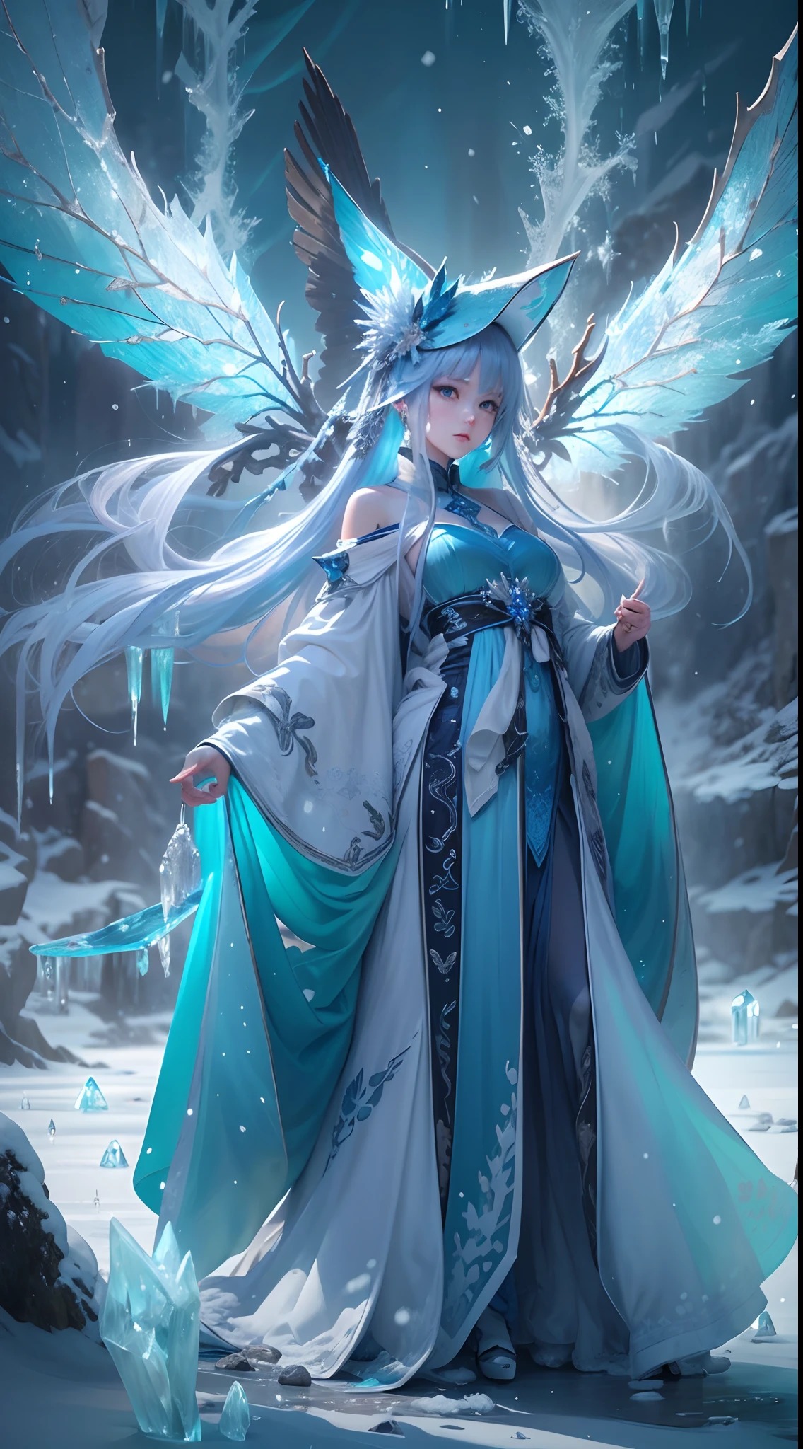 (((1girll)))，Imperial water，A magician，（Loose dress：1.5），（Perfect facial features：1.4），（Blue silk robe），（Mysterious magic formations：1.2），Blue glow，（Frost wings），(((Powerful ice magic)))，(((Icicles)))，Towering over the landscape，Blue light cold light，(((Ice storms)))，Wind，((Flying snow ice and snow))，Amazing results，,best qualityer,tmasterpiece,超高分辨率,finely detailled,Complicated details,8K分辨率,8KUCG wallpaper,hdr,water blue,Magic Array,Cinematic lighting effects,lightand shade contrast，Ray traching、NVIDIA RTX