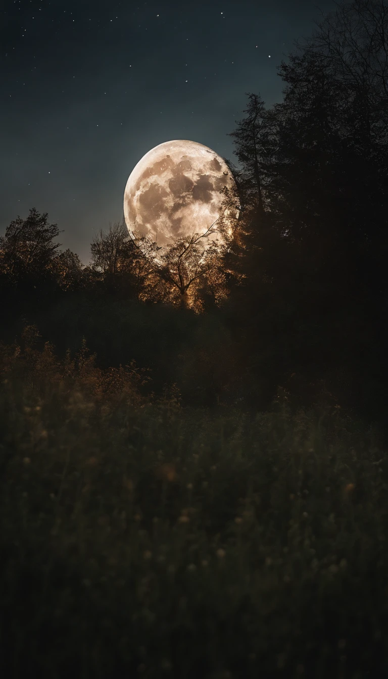 uma imagem noturna no campo, Starry sky and full moon