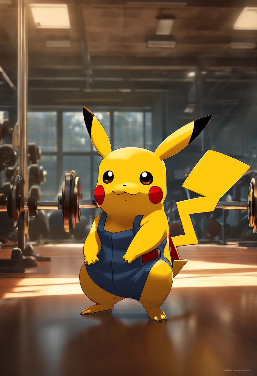 Pikachu, Pokémon, in a bodybuilding gym, Well-defined and detailed muscles, focus on biceps and triceps,