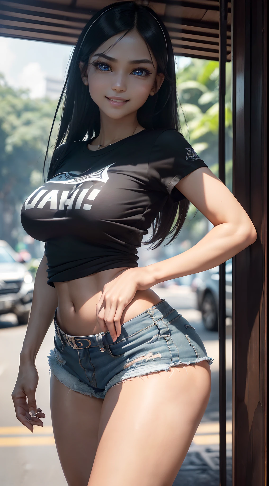 ((Unreal Engine 5)), ((ultra high definition)), ((ultra high resolution)), ((full sharpness)), ((maximum quality)), ((Cinematic)), ((8k)), ((Indonesia girl)), ((extremely beautiful)), ((typical ethnicity)), ((very slim)), ((alone)), ((full body)), ((ultra detailed face)), ((ultra detailed eyes)), ((ultra realist eyes)), ((black eyes)), ((ultra detailed irises)), ((huge body)), ((ultra delicate hands)), ((ultra detailed hands)), ((small hands)), ((ultra detailed fingers)), ((natural lighting)), ((front view)), ((malicious smile)), ((smooth skin)), ((ultra small breasts)), ((ultra small tits)), ((very big ass)), ((very huge ass)), ((ultra wide hips)), ((huge hips)), ((ultra wide hip bones)), ((very wide pubis)), ((ultra thick thighs)), ((ultra thin waist)), ((totally ultra realistic)), (so sweet), ((repeat the same face)), ((always the same face)), ((repeat always the same face)), ((always the same body)), ((always the same proportions)), ((flat belly)), ((looking at the camera)), ((wearing shorts and t-shirt)), ((streets of Jakarta)), ((very hot)), ((posing))