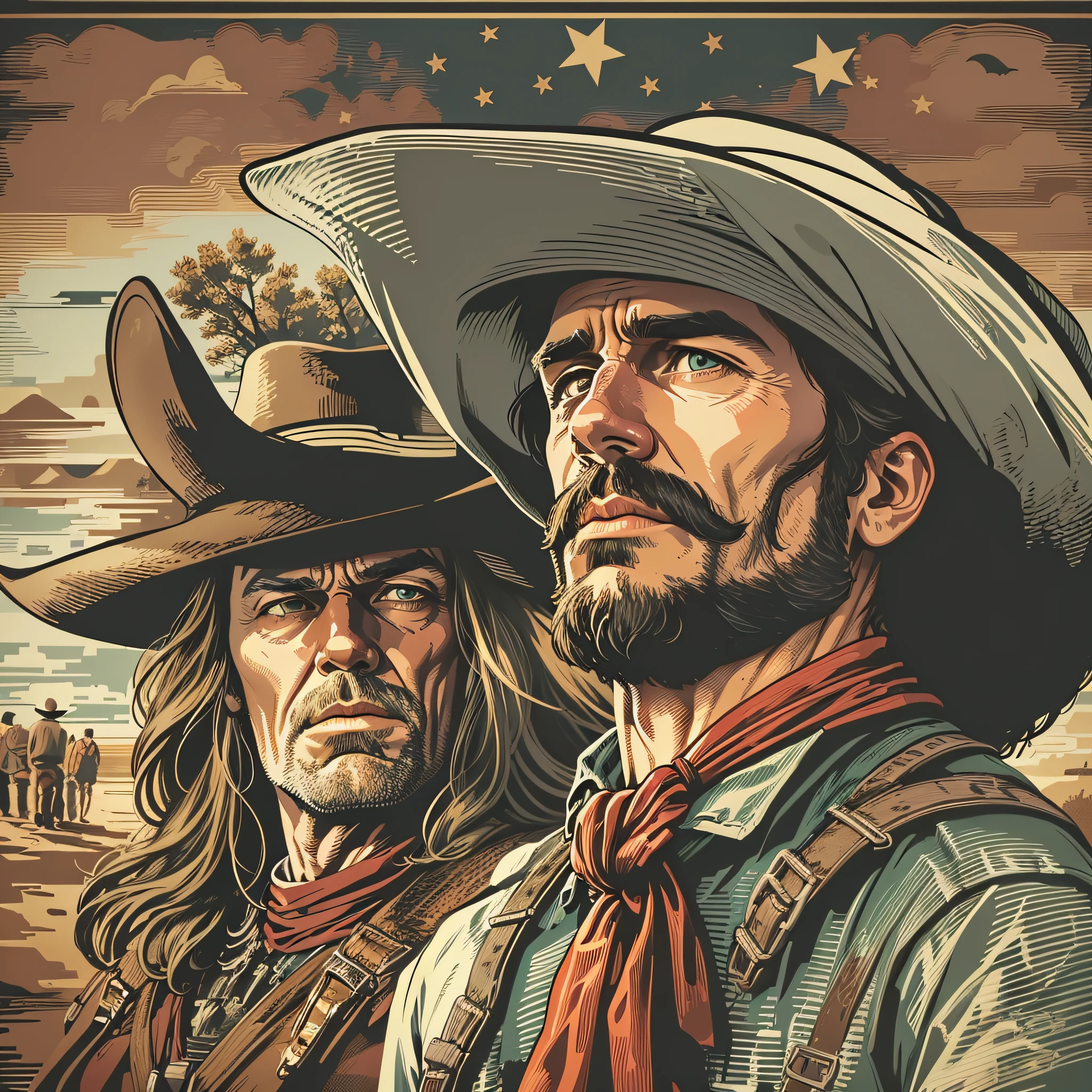 High quality design vector style image, t-shirt print style, cowboy graphic art white background realistic colors, american old west scene, vector image.
