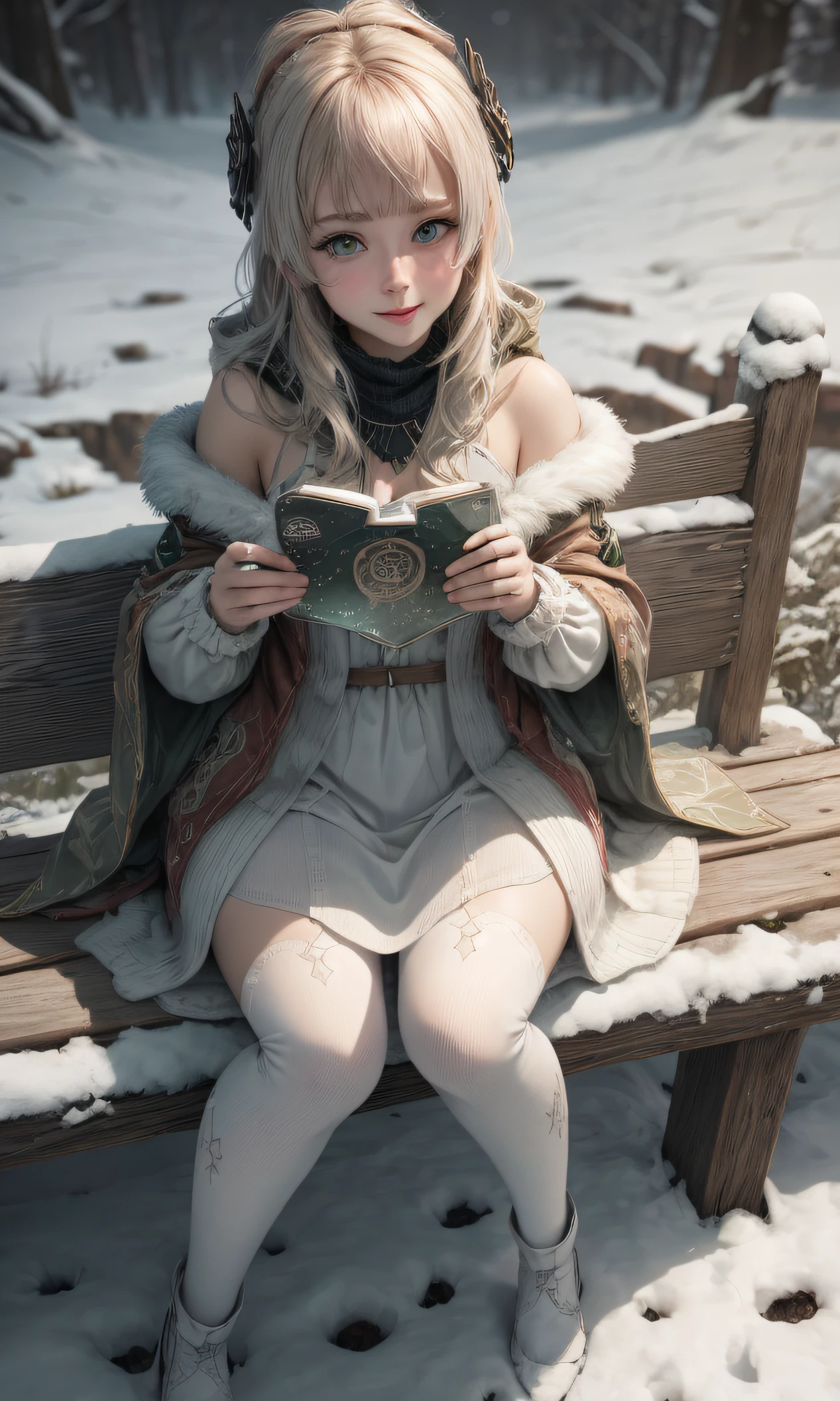 Girl sitting on a bench, Warm winter clothes, green colored eyes, People's casual clothes, pantyhouse, white pantyhose, Winter time, snowstorm, snowing, It's snowing, little chest, You can see the underpants, Upskirt, blackskirt, detailed digital anime art, beautiful anime girl, beautiful anime girl, Anime with small details, Best Quality, Masterpiece, Ultra-detailed, Beautiful, hight resolution, Original,CG 8K ультрареалистичный, perfect artwork, beatiful face, Face Clean, Skin, hyper realistic, Ultra Detailed, A detailed eye, dramatic lighting, (Realistic) Realistic, Full HD, Best Quality, Best Quality, Beautiful lighting, (8k wallpaper of extremely detailed CG unit), High Details, sharp-focus, The art of dramatic and photorealistic painting, beautiful smile,