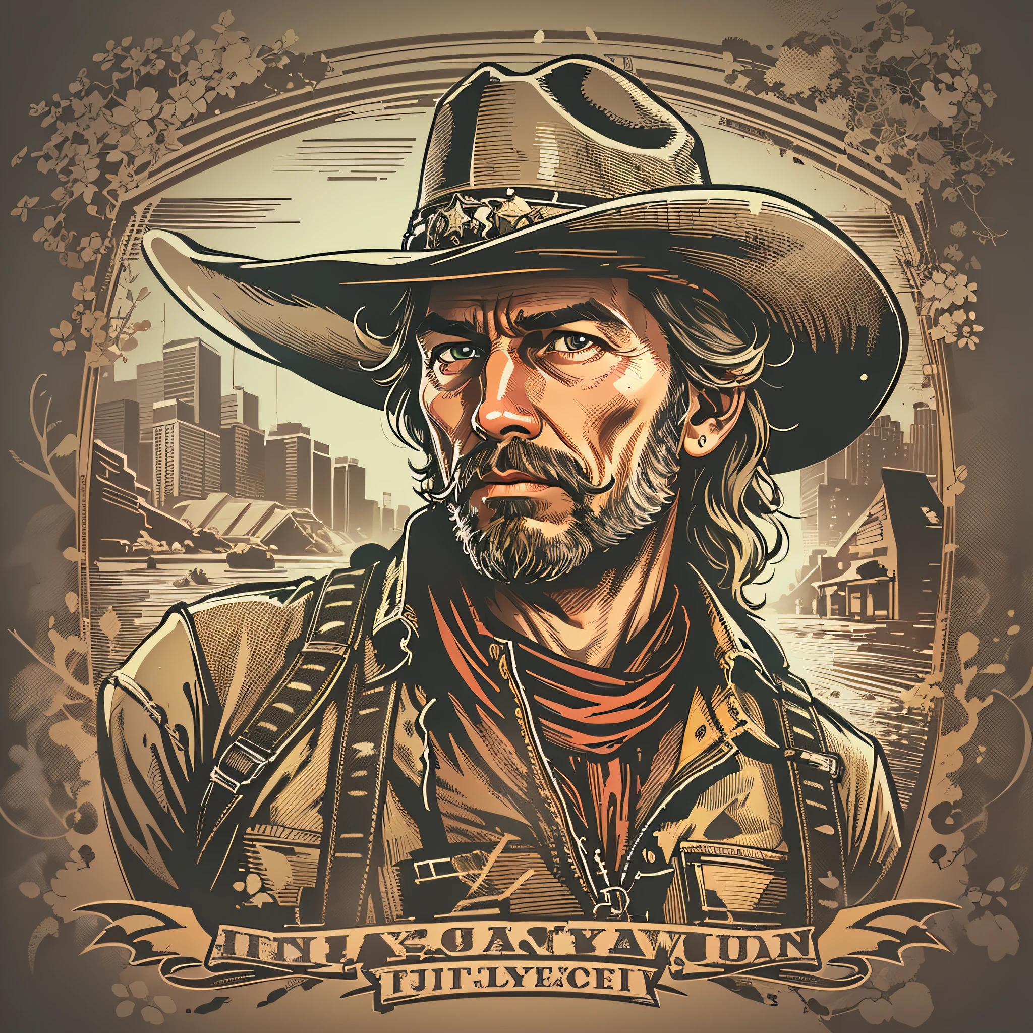 High quality design vector style image, t-shirt print style, cowboy graphic art white background realistic colors, american old west scene, vector image.