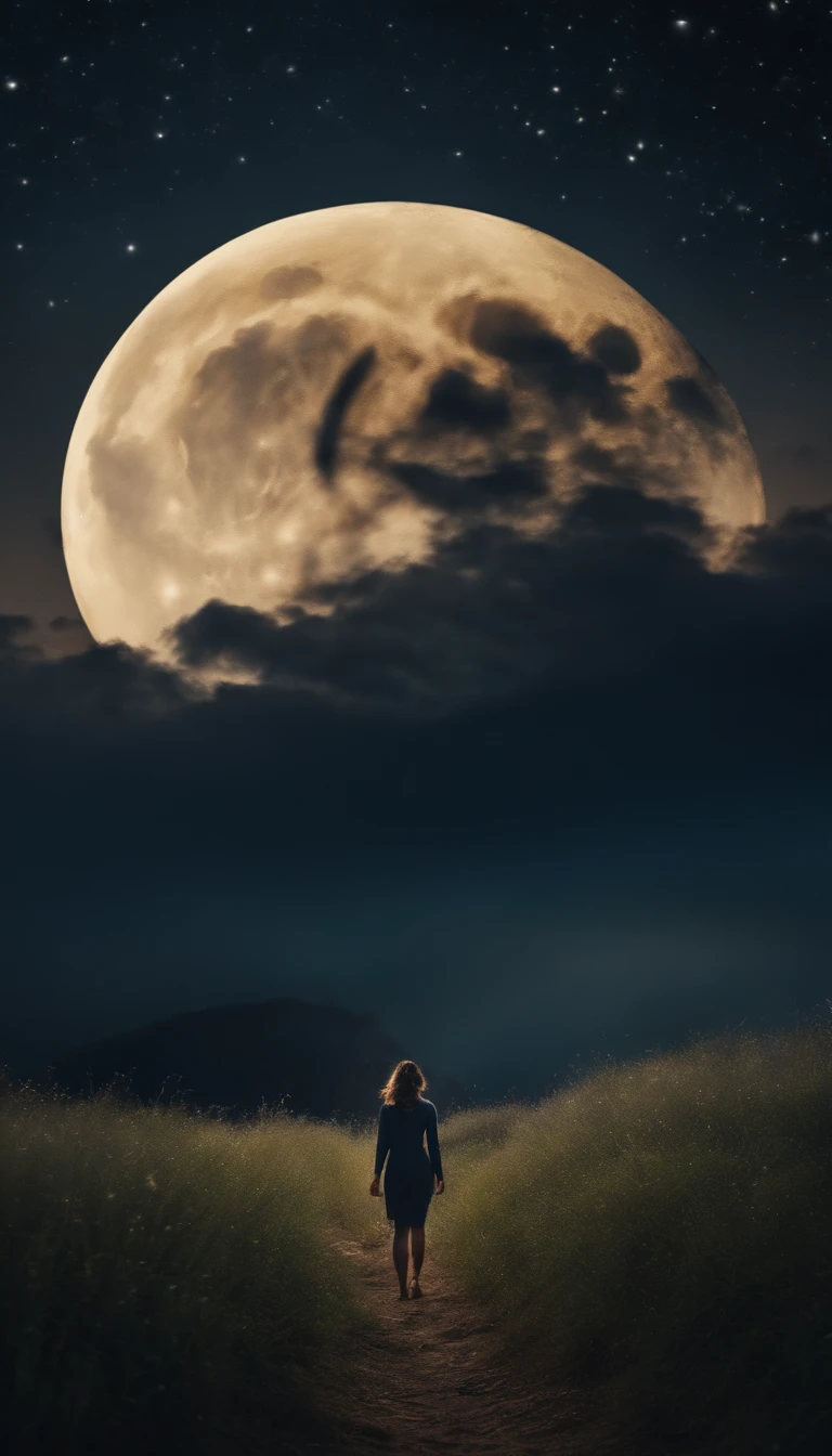 uma imagem noturna no campo, Starry sky and full moon