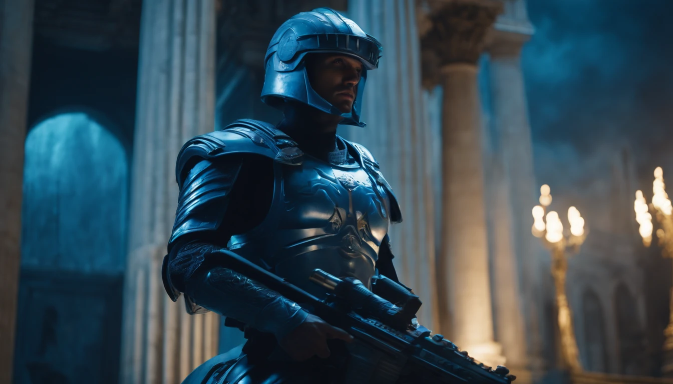 Cyber angel futuristic Guard On a front of the celestial temple of the Roman pentanon of the god Jupiter. Tornado vortex threatens temple cyber angel dominates battlefield. Lightning strikes all around him light acid blue