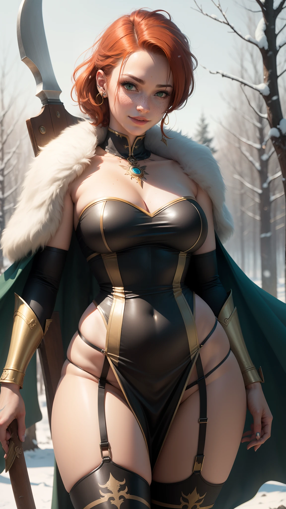 gwen tennyson,tracer,bulma,rebecca chambers,1girl,close up,face paint, valkyrie armor,gold neck jewelry,body tattoos,short hair,gown dress,wolf fur, ceremonial cape,viking corset,snow forest,gold,amulets,viking piercings and tattoos,white tribal top,viking village,green eyes,orange hair,shy smile,freckles,redhead,beautiful girl,large breasts,thigh high boots,ultra detailed,realistic,fantasy art,garter belt,braided hair,holding an axe,battle pose,