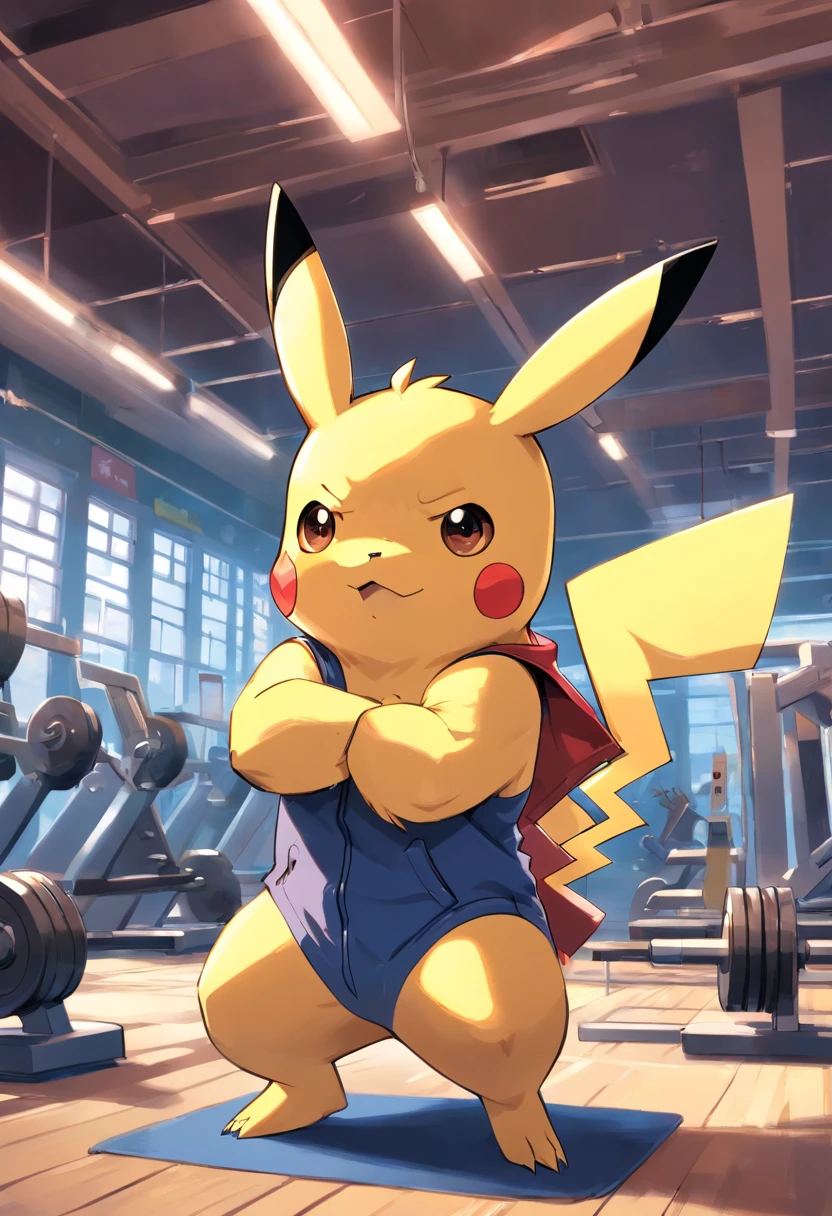 (Illustration of a muscular Pikachu t-shirt working hard in the gym)