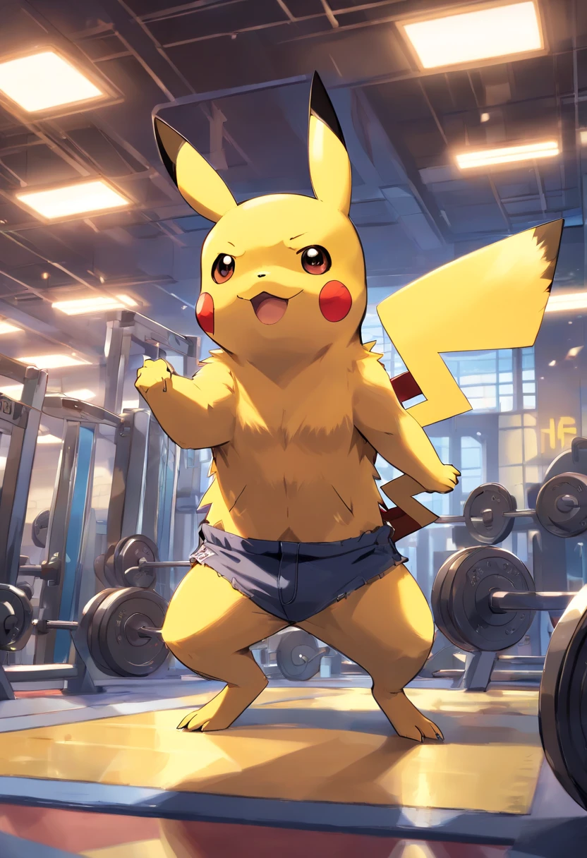 Pikachu, Pokémon, in a bodybuilding gym, Well-defined and detailed muscles, focus on biceps and triceps,