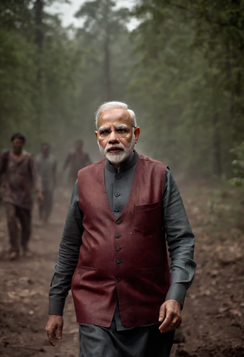 narendra modi as zombie walking towards camera, dripping blood, wound, post apocalypse environment