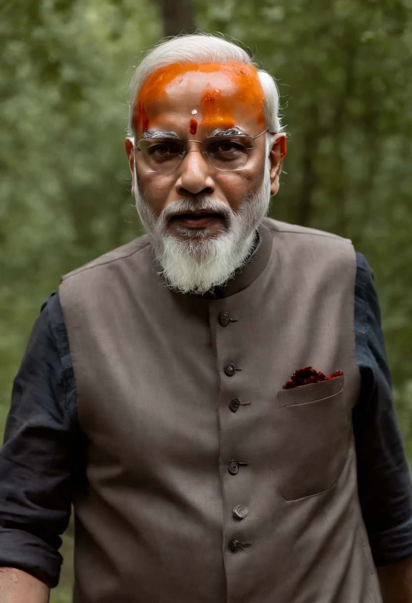narendra modi as zombie walking towards camera, dripping blood, wound, post apocalypse environment