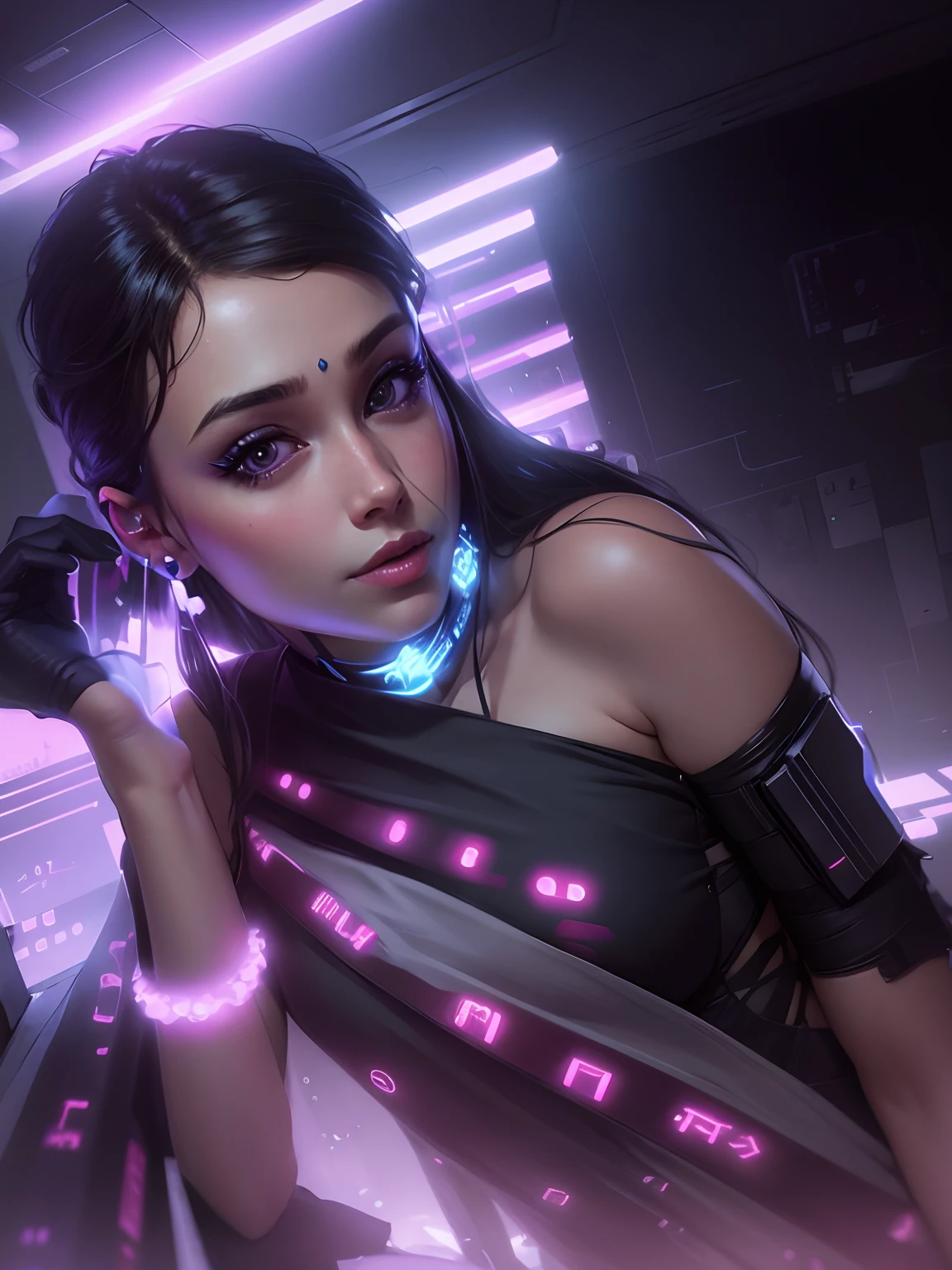 Change background cyberpunk beautiful girl, look cute and sexy, beautiful dress, realistic face, 8k, Ultra realistic face