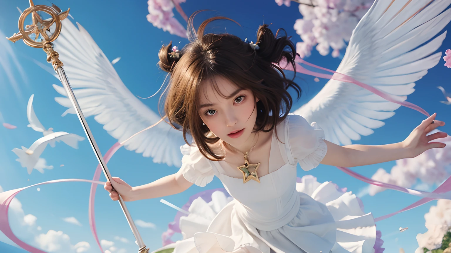 High resolution, realistic. Sakura, Masterpiece, front view. slightly from above. etherial. beautiful girl, 1girl, big green eyes, beautiful face, detailed face, delicate nose, delicate lips, delicate lips, short light brown hair, straight hair, easy hair, bands. Hair blowing in the air. Wearing a delicate dress. Perfect dress. White wings. Handle a staff. Star neckless. Sky landscape.