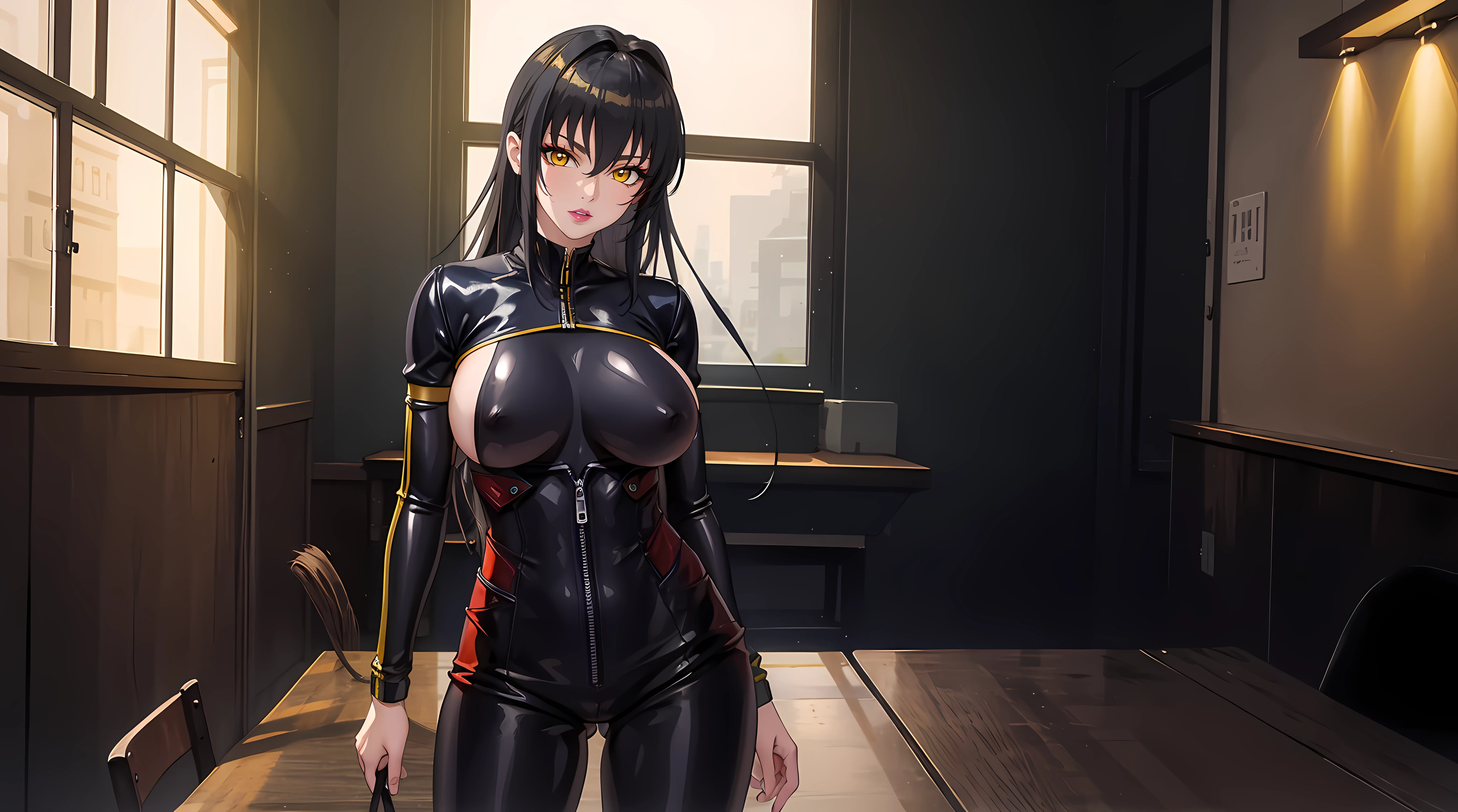 (masterpiece:1.4),(best quality:1.4),  soft lighting, cinematic bloom, beautiful face, beautiful eyes, cowboy shot,
Annerose, 1girl, solo, female mature, black hair, long hair, (yellow eyes:1.4), large breasts, jumpsuit leather, skin tight, hair intakes, covered breasts, sideboob, exquisite eyes detail, exquisite character design unity details 8k hdr, professional art, landscape, (solo:1.5, cowboy shot:1.5), classroom, sexy body, milf, 35 years old girl