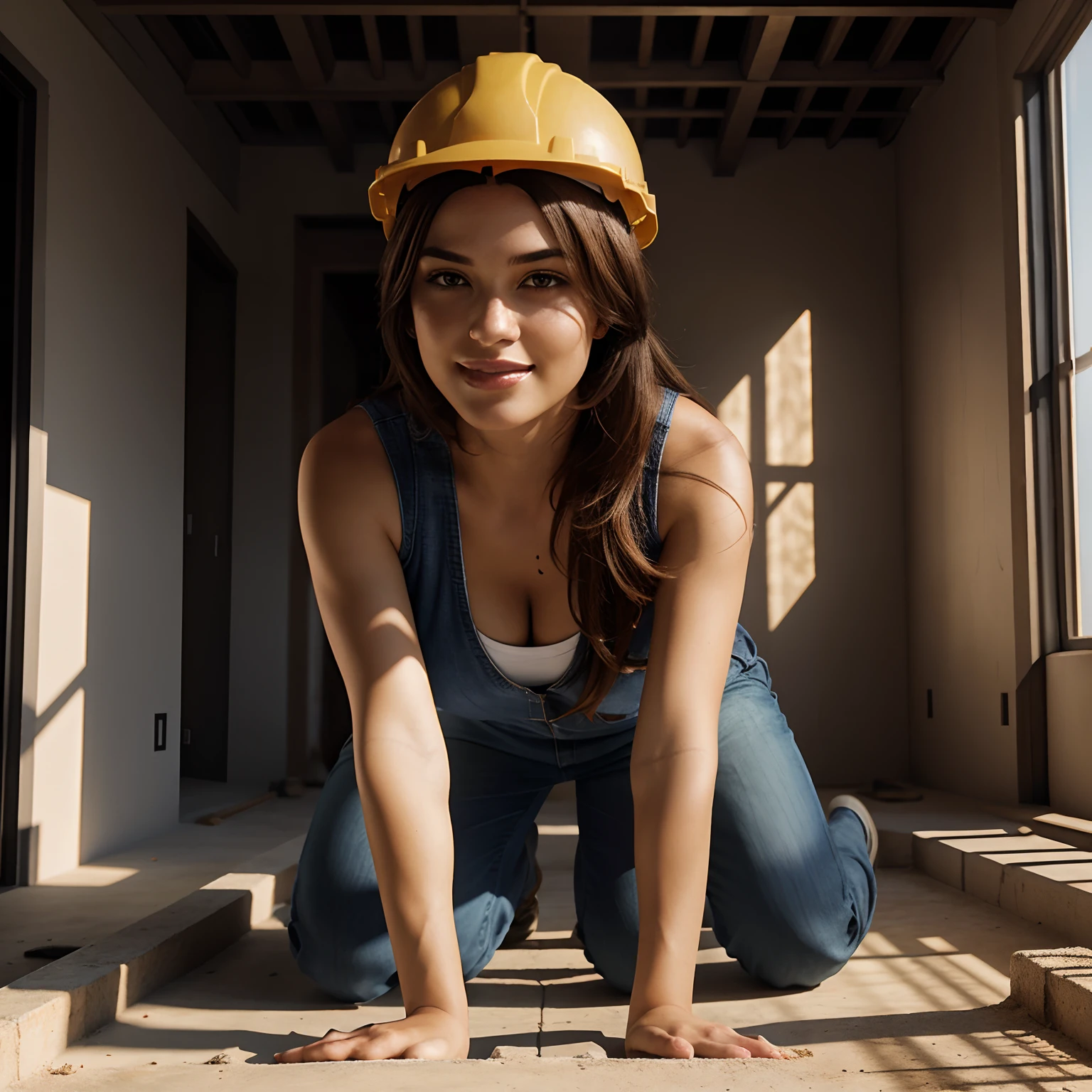 Full body photography of a stunning female construction worker. Woman is approximately 5'4" with an athletic hourglass figure and full visible bust. She is down on all fours on a residential construction site wearing only a hard hat and construction vest, intense look and makeup, smiling, looking at the camera, symmetrical eyes, symmetrical face, photorealistic, photography, path tracing, specular lighting, volumetric face light, path traced hair, visible shadows, intricate, elaborate, hyper realistic