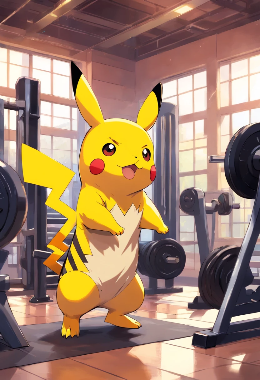 Pikachu, Pokémon, in a bodybuilding gym, Well-defined and detailed muscles, focus on biceps and triceps,
