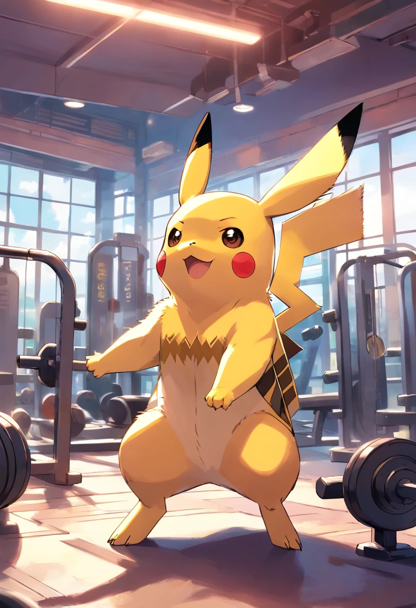 Pikachu, Pokémon, in a bodybuilding gym, Well-defined and detailed muscles, focus on biceps and triceps,