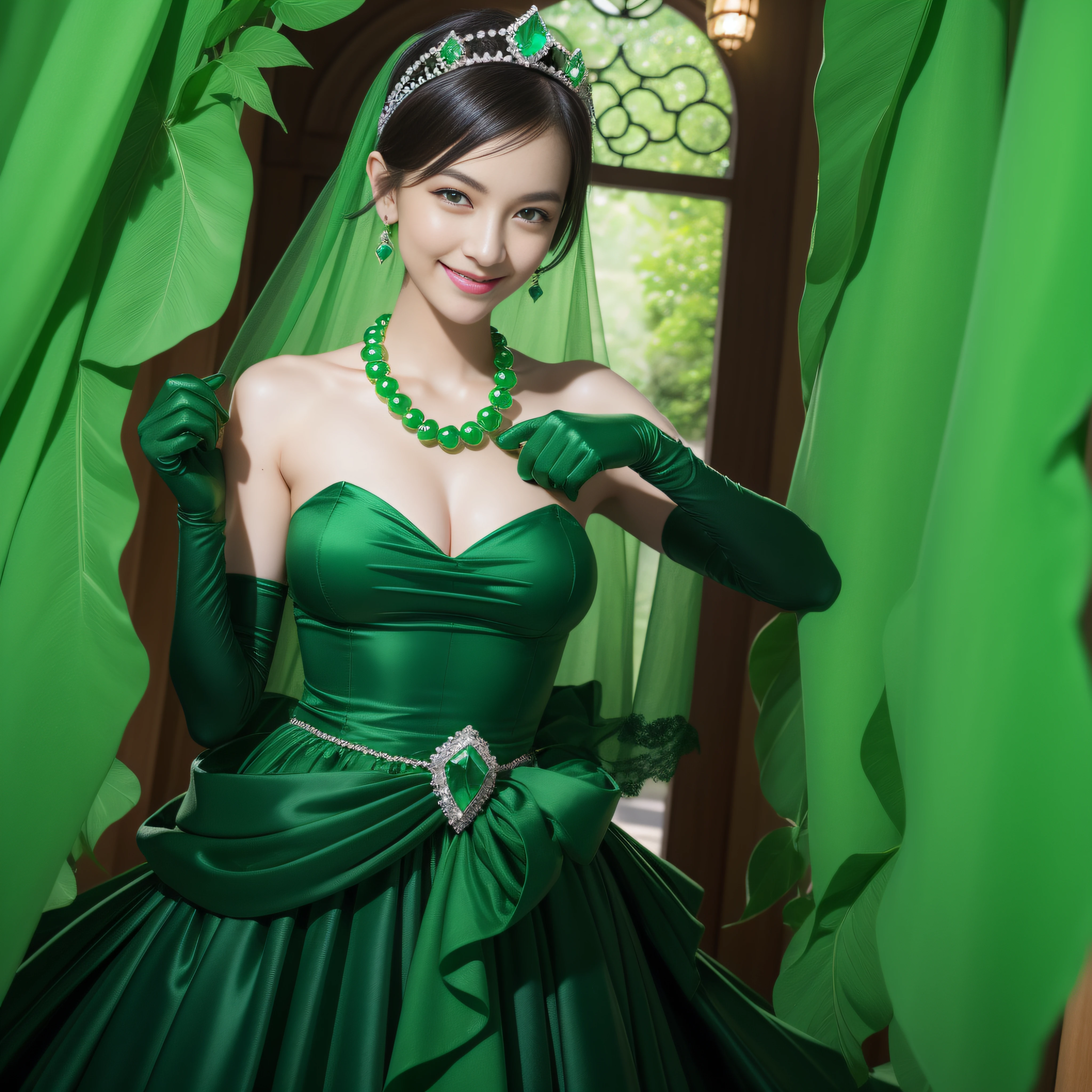 emerald tiara, Green Pearl Necklace, Boyish very short black hair, lipsticks, Japan woman smiling, very short short hair, big breasts beautiful, Green eyes, Long green gloves made of satin material, Green eyes, Emerald Earrings, Green dress