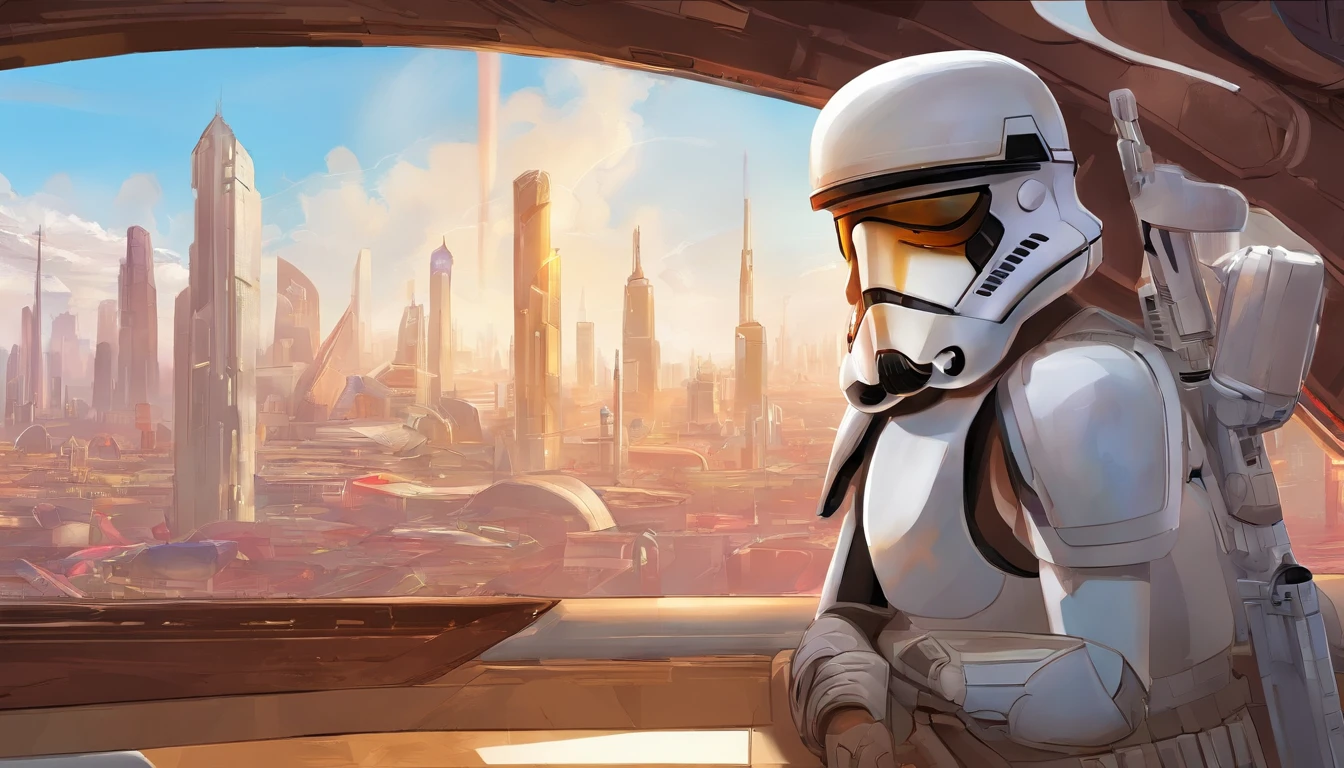 Close-up of a female Imperial stormtrooper with the city in the background, morena, hairlong, inspired by concept art by Magalie Villeneuve, trending on cg society, AB ""Star Wars": The Old Republic", influenced by Ralph McQuarrie's concept art. The stormtrooper has a strong and confident expression on his face, emphasizing detailed facial features, such as beautiful detailed eyes, detailed lips, and extremely detailed eyes and face. She is dressed in the traditional white armor of a stormtrooper, With a sleek and futuristic design. A work of art is visualized in an environment, combining elements of illustration, 3D Rendering, and photography, The result is a visually stunning and immersive piece. The colors and lighting are bright and dynamic, Enhancing the overall atmosphere of the artwork. Image quality is paramount, With the best quality, 4K or 8K resolution, hight resolution, And a masterpiece:1.2, which makes it a true masterpiece in terms of quality and detail.