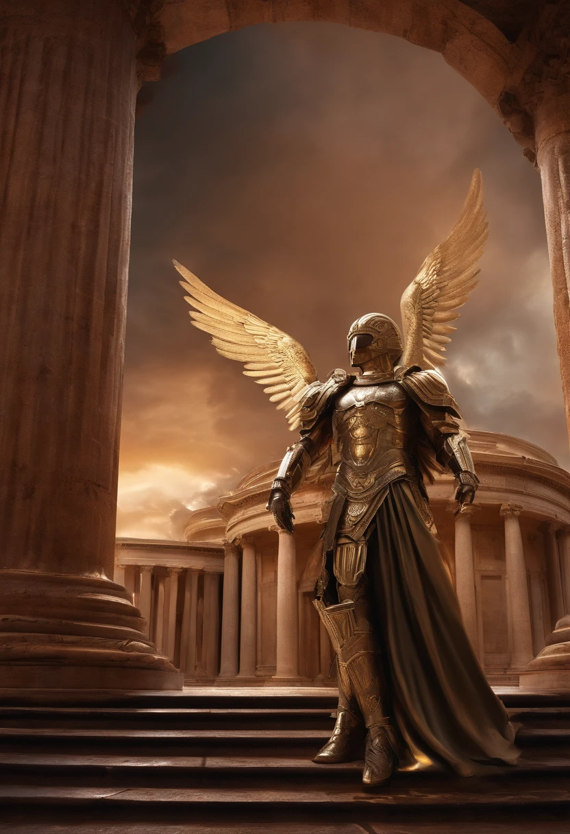 Cyber angel futuristic Guard On a front of the celestial temple of the Roman pentanon of the god Jupiter. Tornado vortex threatens temple cyber angel dominates battlefield
