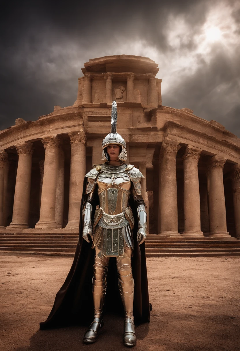 Cyber angel futuristic Guard On a front of the celestial temple of the Roman pentanon of the god Jupiter. Tornado vortex threatens temple cyber angel dominates battlefield