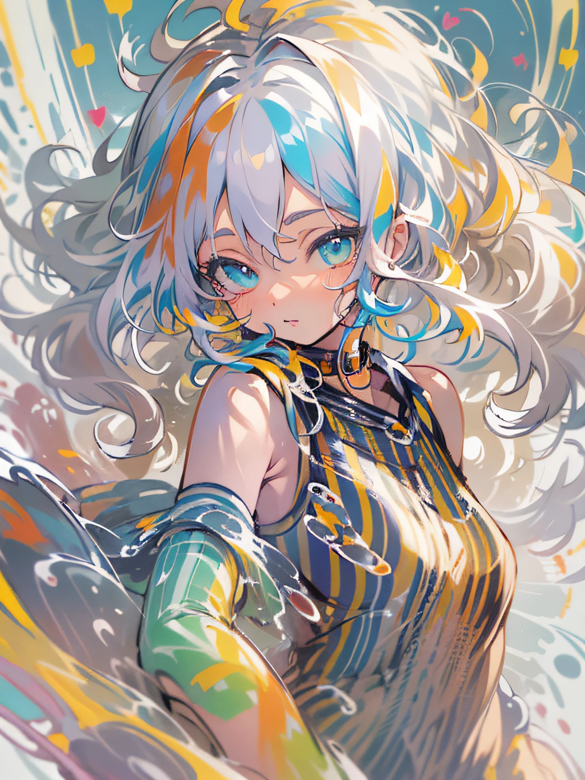 (((Masterpiece))),(((Best quality))),((Ultra-detailed)),(illustration),(Dynamic Angle), ((Floating)),(Paint),((Disheveled hair)), (Solo),(1girll), ((small_Breasts)), (((Detailed anima face))),((Beautiful detailed face)),Collar,Bare shoulders, White hair, ((Colorful hair)),((Striped hair)), Beautiful detailed eyes,(Gradient color eyes),(((Colorful eyes))), (((Colorful background))),(((High saturation))),(((Surrounded by colorful splashes))),(((surrounded by colorful dot))),colorful bubble,((Shining))