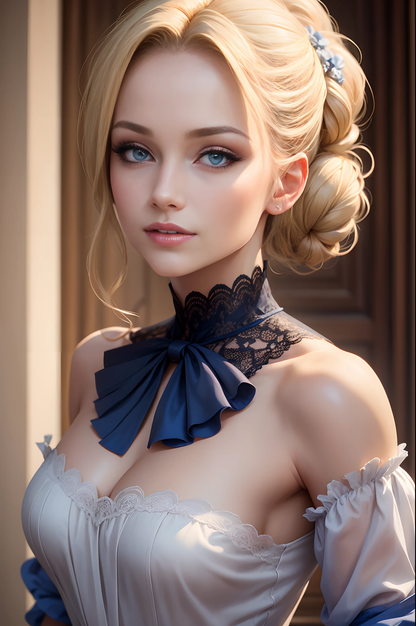 Elegant woman, about thirty years, Blonde, with hair up to the shoulders, regard charmant, yeux bleus, peau clair, loose hair, hyper realistic face, vue de face, qui sourie