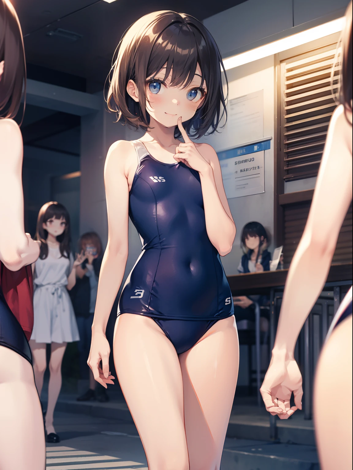 high-level image quality、top-quality、Full limbs、complete fingers、Slender beauty、1 persons、ssmile、embarassed expression、Bery short hair、Yellow School Swimsuit、Blue knee high、standingn、Grow legs、posterior view