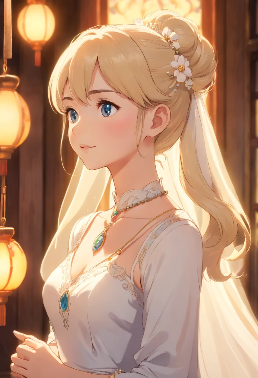 a close up of a beautiful woman with a white bridal dress and a necklace, white skin, blonde soft hair, ponytail, greg rutkovski, 8k portrait render, fanart best artstation, hyperdetailed fantasy character, 8k high quality detailed art, 2. 5 d cgi manga fantasy artwork, trending on cgstation, 4k highly detailed digital art, professional lighting, photon mapping, radiosity, physically-based rendering,
