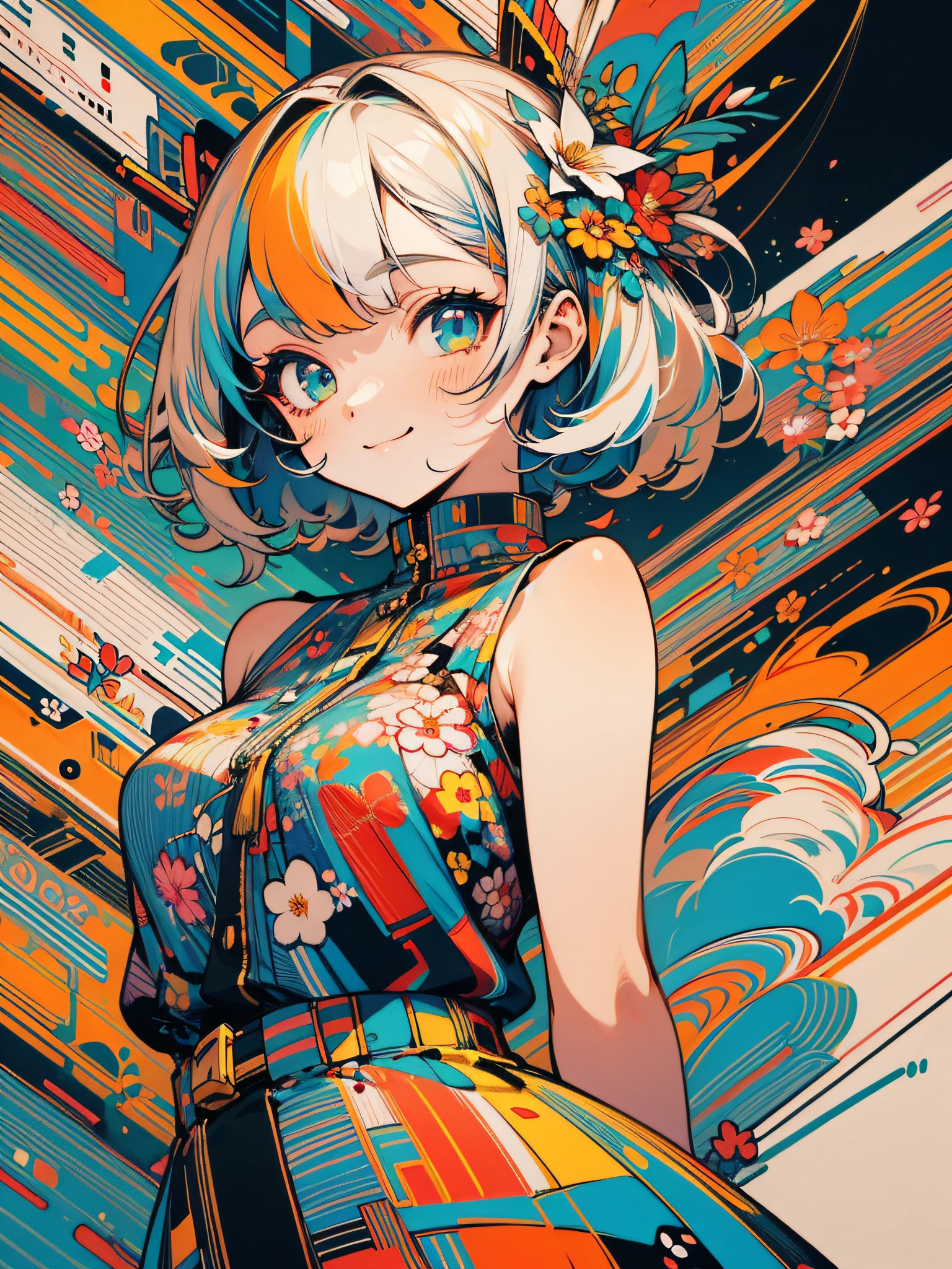 masterpiece, ultra-high quality, ( ultra detailed original illustration),( little girl joyful facial expression, perfect eye, short hair, smile,upper body, perfect body), arms behind back, dynamic angle,((dress fashion)), ((flowers sakura)(graffiti)), double exposure, fussion of fluid abstract art, glitch, ( 2d), ( original illustration composition), ( fusion of limited color, maximalism artstyle, geometric artstyle, fire, junk art), yellow theme, background black