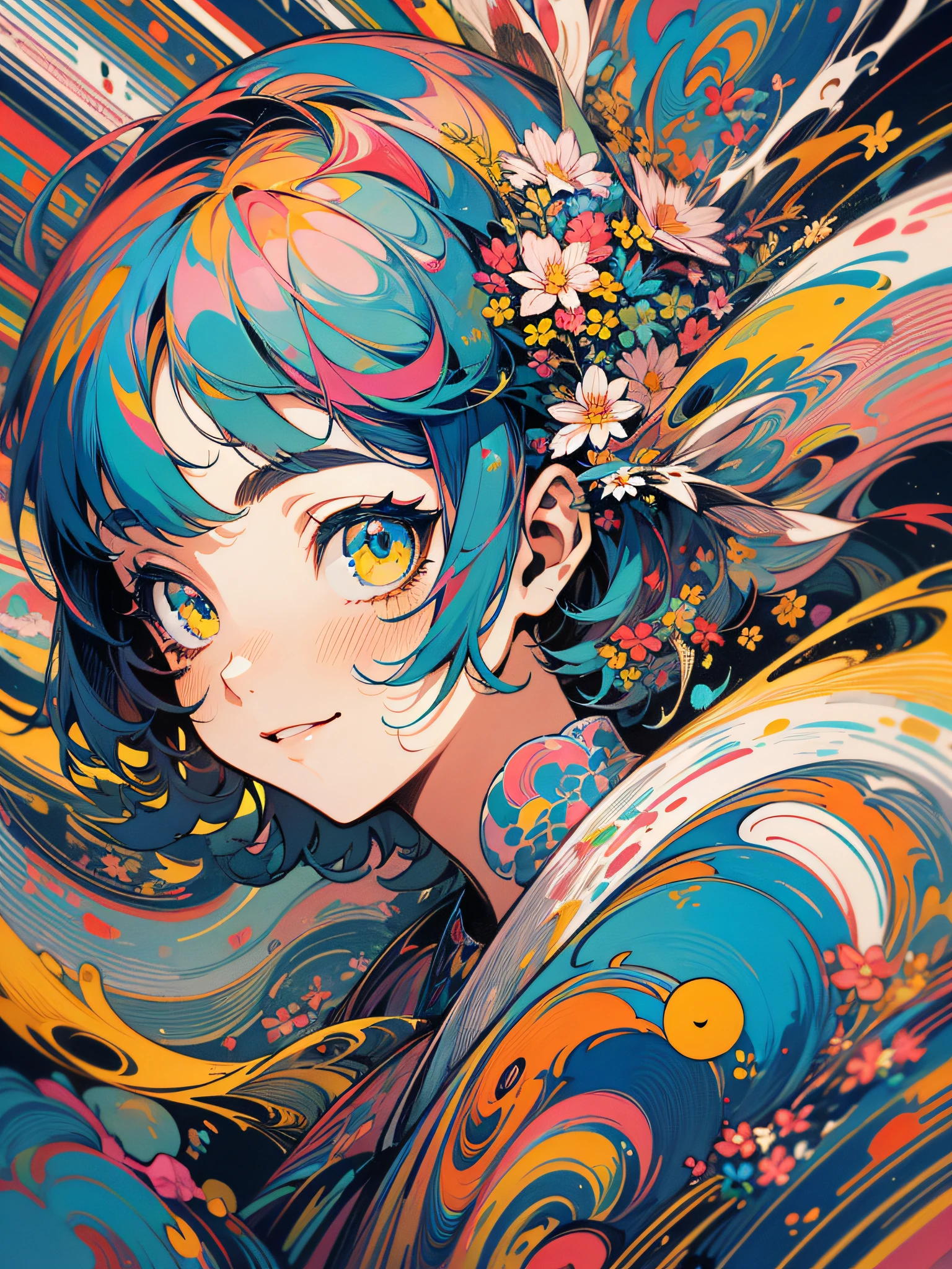 masterpiece, ultra-high quality, ( ultra detailed original illustration),( joyful facial expression, perfect eye, short hair, smile,upper body, perfect body), arms behind back, dynamic angle,((dress fashion)), ((flowers sakura)(graffiti)), double exposure, fussion of fluid abstract art, glitch, ( 2d), ( original illustration composition), ( fusion of limited color, maximalism artstyle, geometric artstyle, fire, junk art), yellow theme, background black
