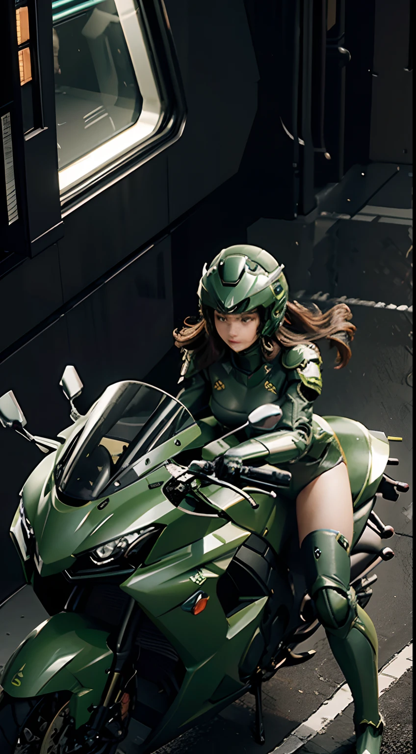 masterpiece, Highest quality, Very detailed, Japanese Android girl,Plump,Slightly thicker,Control panel,Android,cyborg,Blunt bangs,Sitting in the cockpit,Dark green combat uniform,Black wide harness belt,Helmet