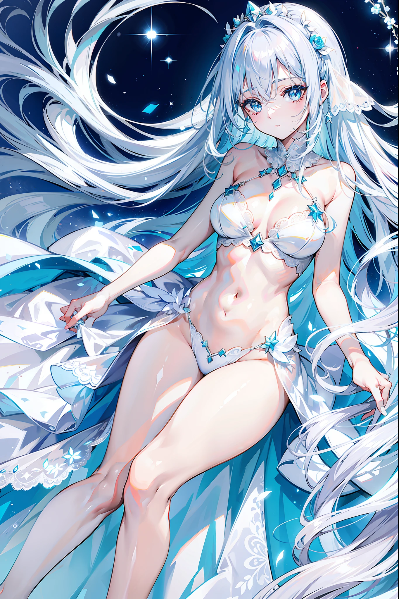 Long light blue and white hair,A silver necklace that shines like a star,Delicate makeup and glossy face,Slim and smooth legs,is a sweet girl,white wedding gown,Lace,