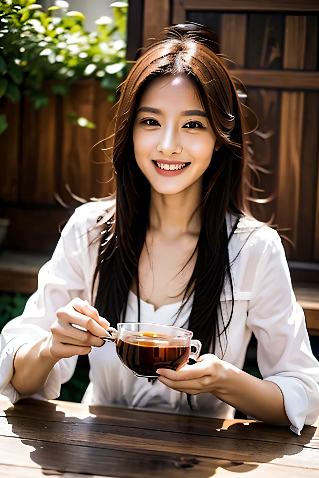 Smiling and drinking tea