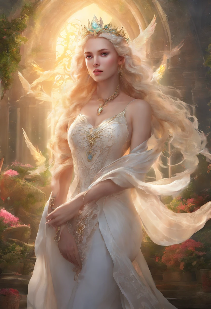 a beautiful girl with long blonde hair, detailed facial features, tender expression, wearing a white dress, in a lush garden with flowers and butterflies, sunlight, cinematic lighting, vibrant colors, fantasy, digital art, highly detailed, 8k, photorealistic