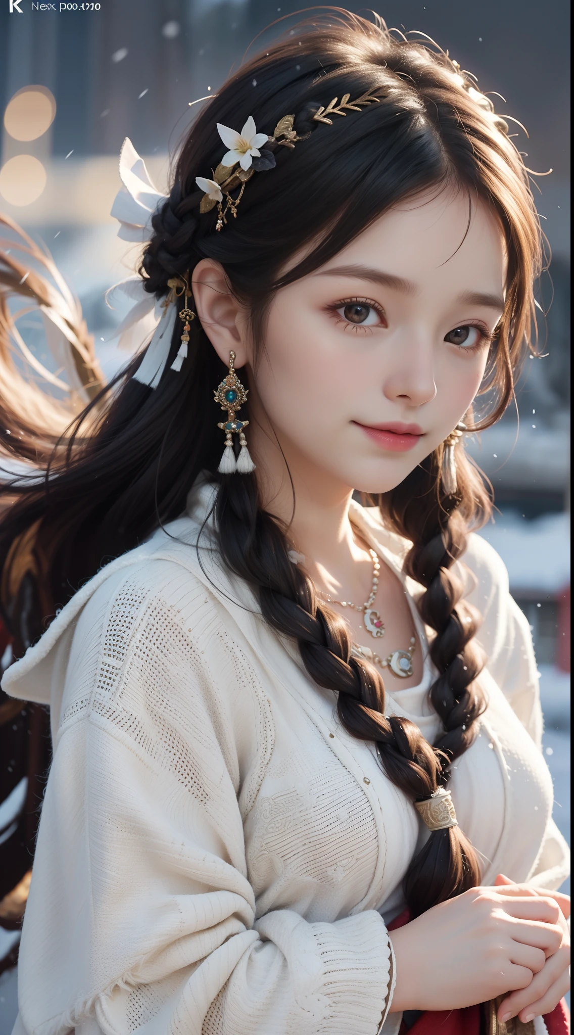 A girl, long braids, Tibetan girl, close-up, slightly raised head, smile, bust photo, upper body, Tibetan clothing, clothes with fluff, white flut, high-end Tibetan clothing, cumbersome Tibetan clothing design, cold clothing, winter clothing, appearance Yang transcendence, round face shape, gorgeous Tibetan clothing, cumbersome Tibetan necklace, cumbersome Tibetan headdress, live-action CG, sweet style, film style, HD 4K, photography effects, studio effects, white halo, mythological wind, snowfield background, character core