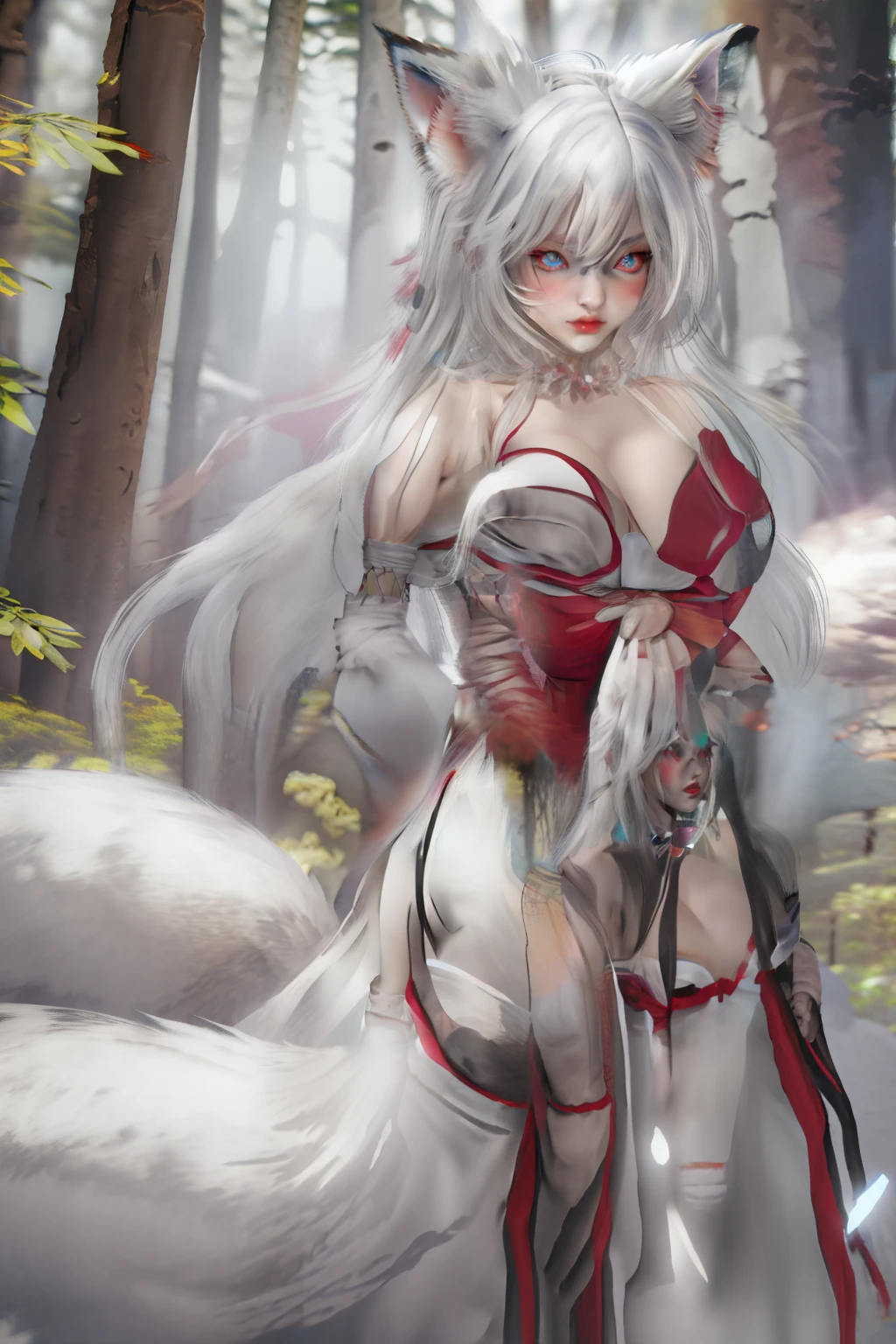 masterpiece,best quality,extremely detailed 8K wallpaper,white hair,long hair,
upper body,1girl,foxdress,bare shoulders,cleavage,heterochromia,glowing eyes,japanese clothes,animal ears,fox tail,
forest,bikini,sexy