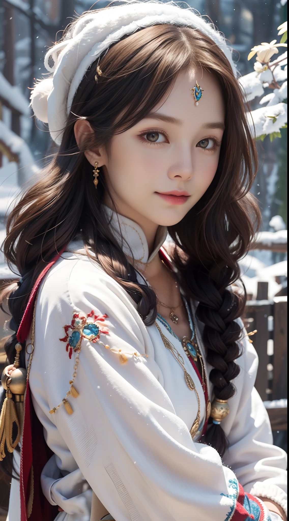A girl, long braids, Tibetan girl, close-up, slightly raised head, smile, bust photo, upper body, Tibetan clothing, clothes with fluff, white flut, high-end Tibetan clothing, cumbersome Tibetan clothing design, cold clothing, winter clothing, appearance Yang transcendence, round face shape, gorgeous Tibetan clothing, cumbersome Tibetan necklace, cumbersome Tibetan headdress, live-action CG, sweet style, film style, HD 4K, photography effects, studio effects, white halo, mythological wind, snowfield background, character core