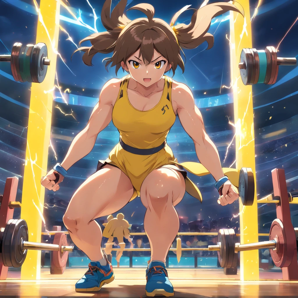 (best quality, highres, ultra-detailed, realistic), vibrant colors, studio lighting, Pikachu, Pokémon, bodybuilder, muscular physique, Pikachu flexing its muscles, intense gym workout, power and strength, detailed biceps and triceps, sweat dripping, determined expression, dynamic pose, energetic atmosphere, electric sparks, fitness motivation, gym equipment, weightlifting, superhero-like qualities, intense focus, electrifying presence, intense energy, electric yellow color, powerful electric shocks, animated style, intense action, impressive muscle definition.