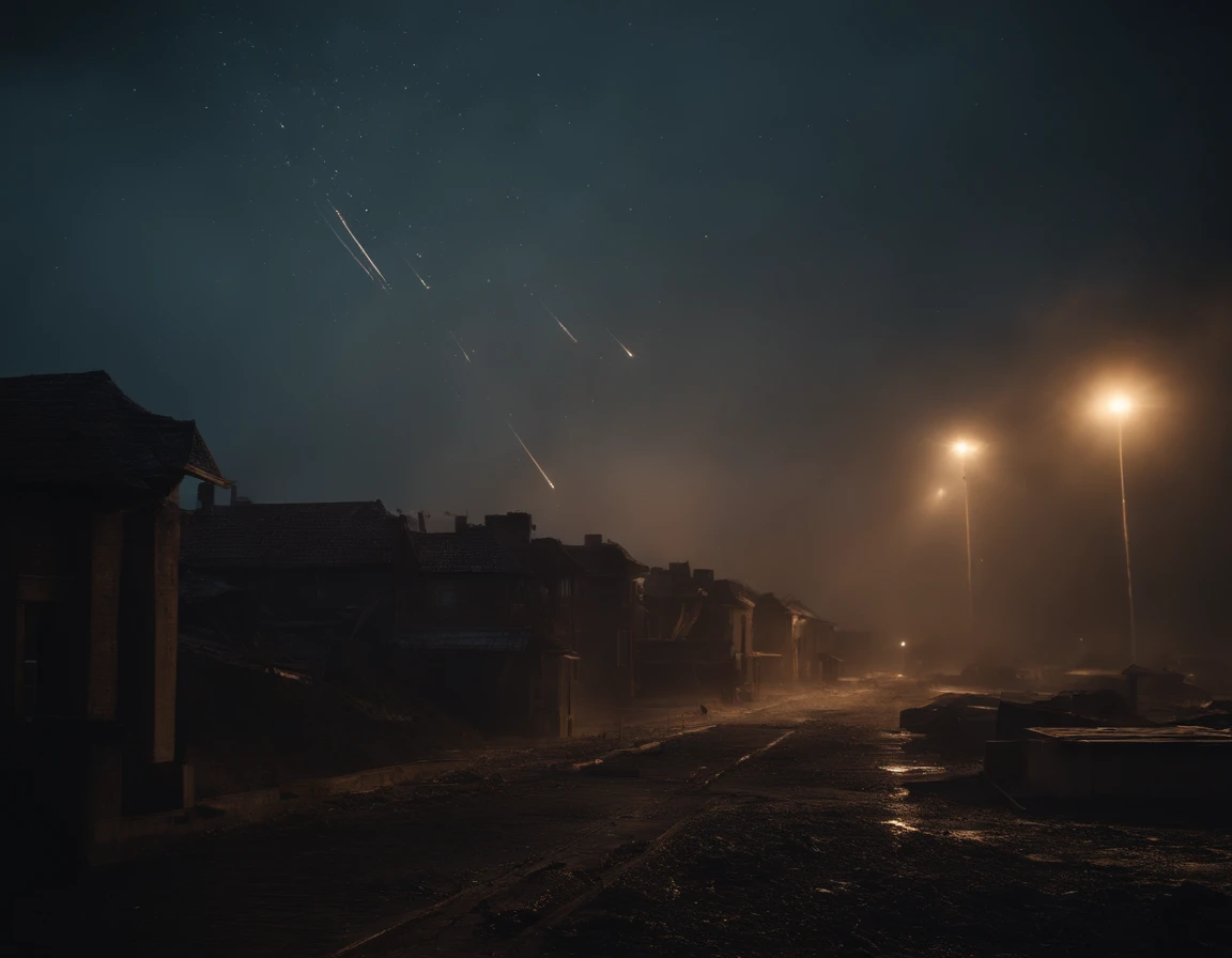Meteor shower destroys a city, dark sky, cinematic, apocalypse scene