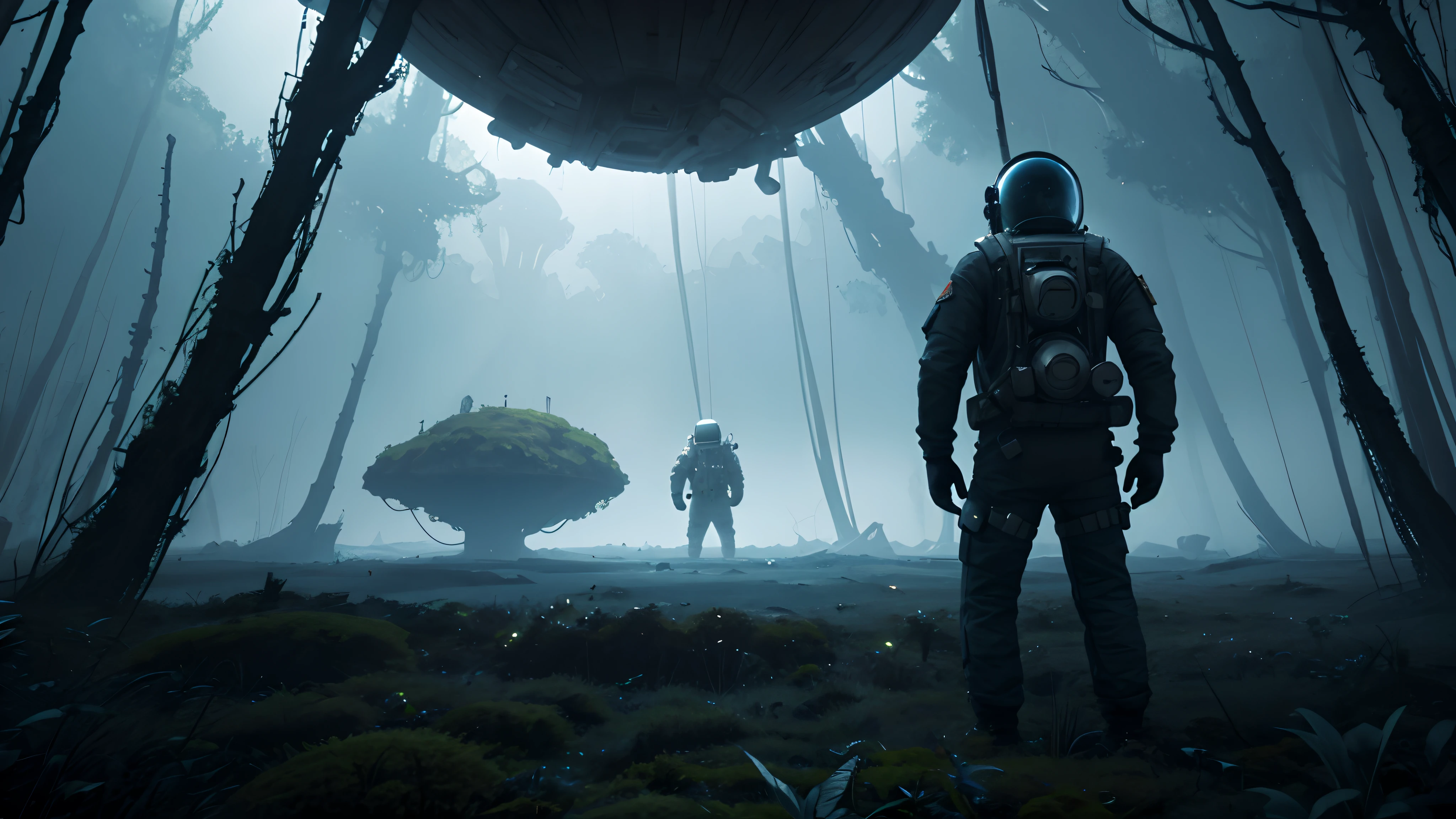 astronaut stranded in a mossy planet deep black space, hyperdetailed surreal unreal engine