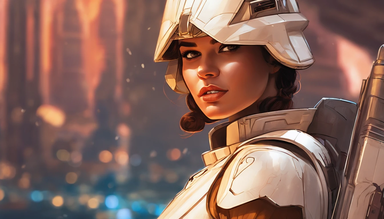 Portrait of a female Imperial stormtrooper with a city in the background, morena, hairlong, inspired by concept art by Magalie Villeneuve, trending on cg society, AB ""Star Wars": The Old Republic", influenced by Ralph McQuarrie's concept art. The stormtrooper has a strong and confident expression on his face, emphasizing detailed facial features, such as beautiful detailed eyes, detailed lips, and extremely detailed eyes and face. She is dressed in the traditional white armor of a stormtrooper, With a sleek and futuristic design. A work of art is visualized in an environment, combining elements of illustration, 3D Rendering, and photography, The result is a visually stunning and immersive piece. The colors and lighting are bright and dynamic, Enhancing the overall atmosphere of the artwork. Image quality is paramount, With the best quality, 4K or 8K resolution, hight resolution, And a masterpiece:1.2, which makes it a true masterpiece in terms of quality and detail.