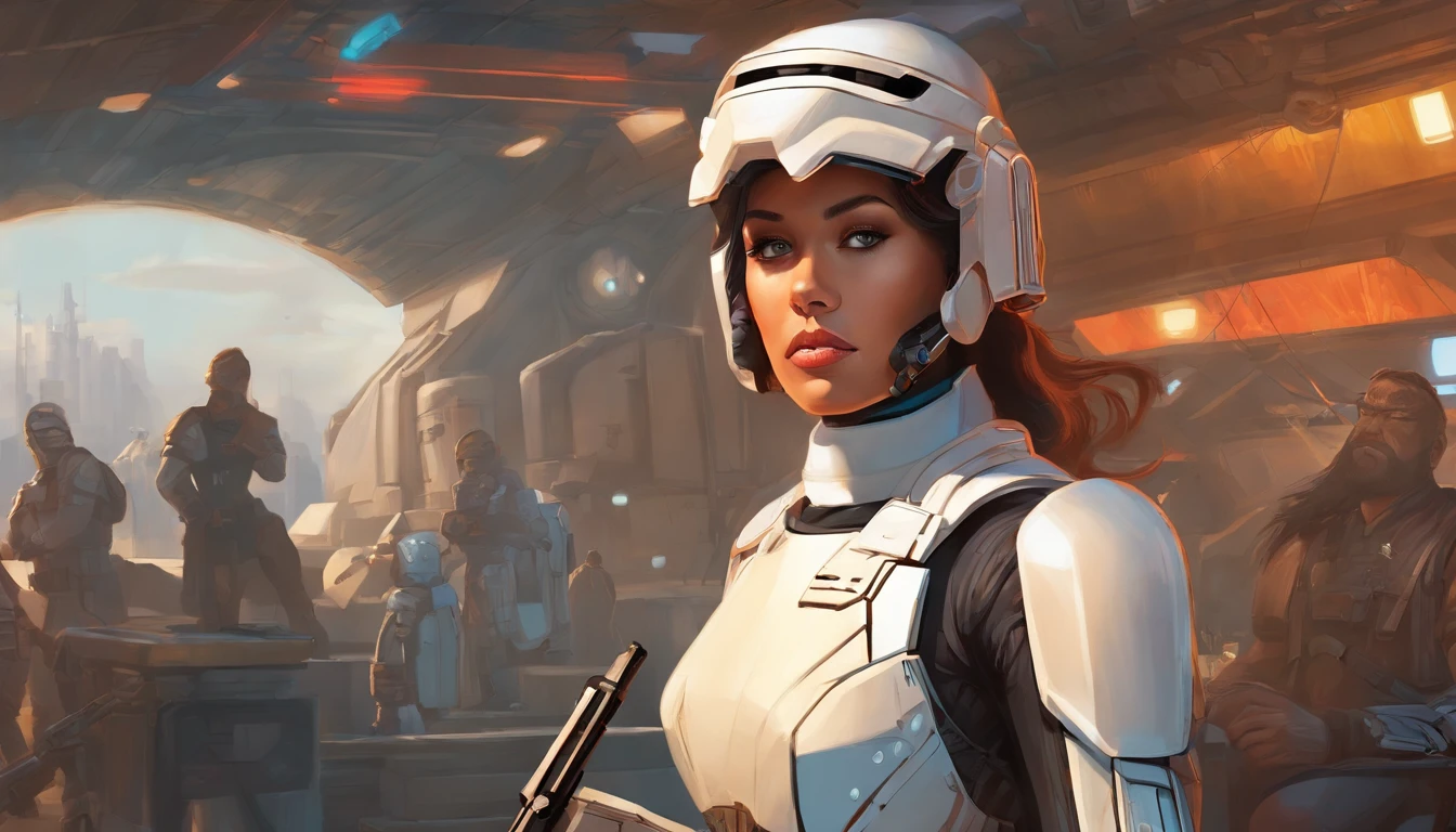 Portrait of a female Imperial stormtrooper with a city in the background, morena, hairlong, inspired by concept art by Magalie Villeneuve, trending on cg society, AB ""Star Wars": The Old Republic", influenced by Ralph McQuarrie's concept art. The stormtrooper has a strong and confident expression on his face, emphasizing detailed facial features, such as beautiful detailed eyes, detailed lips, and extremely detailed eyes and face. She is dressed in the traditional white armor of a stormtrooper, With a sleek and futuristic design. A work of art is visualized in an environment, combining elements of illustration, 3D Rendering, and photography, The result is a visually stunning and immersive piece. The colors and lighting are bright and dynamic, Enhancing the overall atmosphere of the artwork. Image quality is paramount, With the best quality, 4K or 8K resolution, hight resolution, And a masterpiece:1.2, which makes it a true masterpiece in terms of quality and detail.