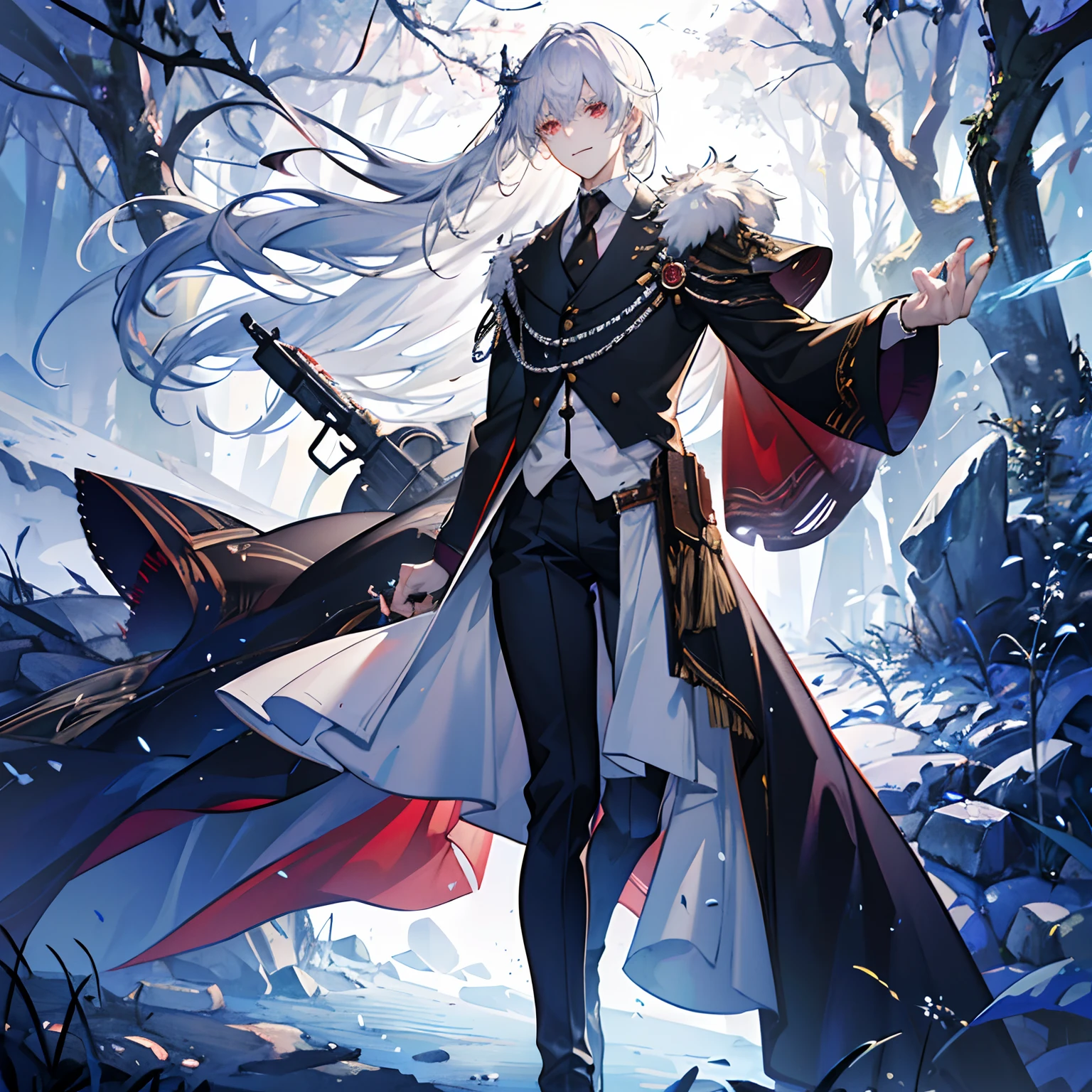 masterpiece, best quality, ultra-detailed, extremely detailed, 4K, 8K, best quality, beautiful, illustration, anime style2, full body, full body focus, forest, night, a handsome man, man, solo, military costume,, beautiful silver hair, beautiful red eyes, beautiful eyes, white-skinned, mesh, gun, light smile, ice effect