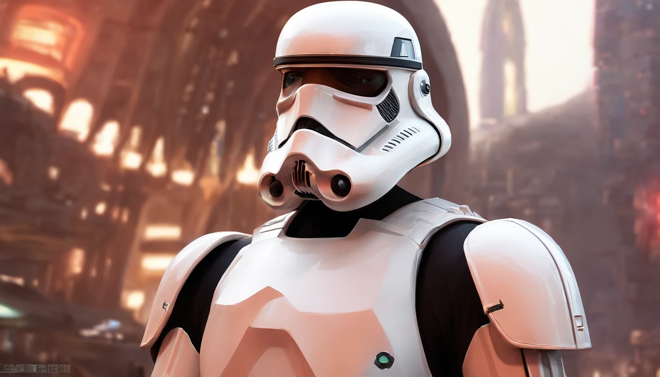 Portrait of an Imperial stormtrooper with a city in the background, inspired by concept art by Magalie Villeneuve, trending on cg society, AB ""Star Wars": The Old Republic", influenced by Ralph McQuarrie's concept art. The stormtrooper has a strong and confident expression on his face, emphasizing detailed facial features, such as beautiful detailed eyes, detailed lips, and extremely detailed eyes and face. He is dressed in the traditional white armor of a stormtrooper, With a sleek and futuristic design. A work of art is visualized in an environment, combining elements of illustration, 3D Rendering, and photography, The result is a visually stunning and immersive piece. The colors and lighting are bright and dynamic, Enhancing the overall atmosphere of the artwork. Image quality is paramount, With the best quality, 4K or 8K resolution, hight resolution, And a masterpiece:1.2, which makes it a true masterpiece in terms of quality and detail.