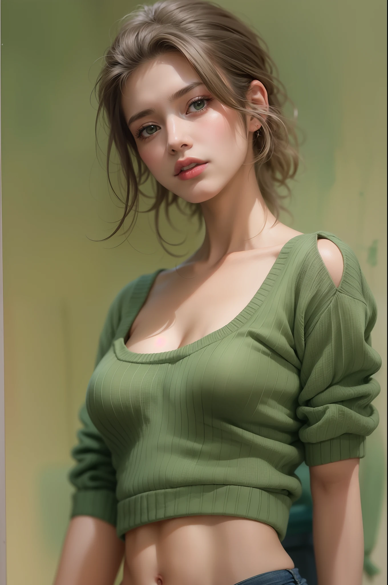 (), medium boobs,(masterpiece), best quality, extremely detailed, (watercolor), bloom, delicate and beautiful, illustration, (from below),(1 beautiful woman:1.4), (solo:1.2), drawing landscape painting on canvas,medium breasts, (ribbed sweater:1.3), green colour off-shoulder sweater, (short shorts:1.2), bare shoulders, (underboob:1.2), ((dark skin:0.8)), beautiful green eyes, (disheveled hair ), photography, over-the-shoulder shot, by Alex Maleev, professional, canon camera, nikon camera, sharp, bokeh, studio quality, fisheye lens, by Robert Capa , perfect body, full body view, perfect Anatomy