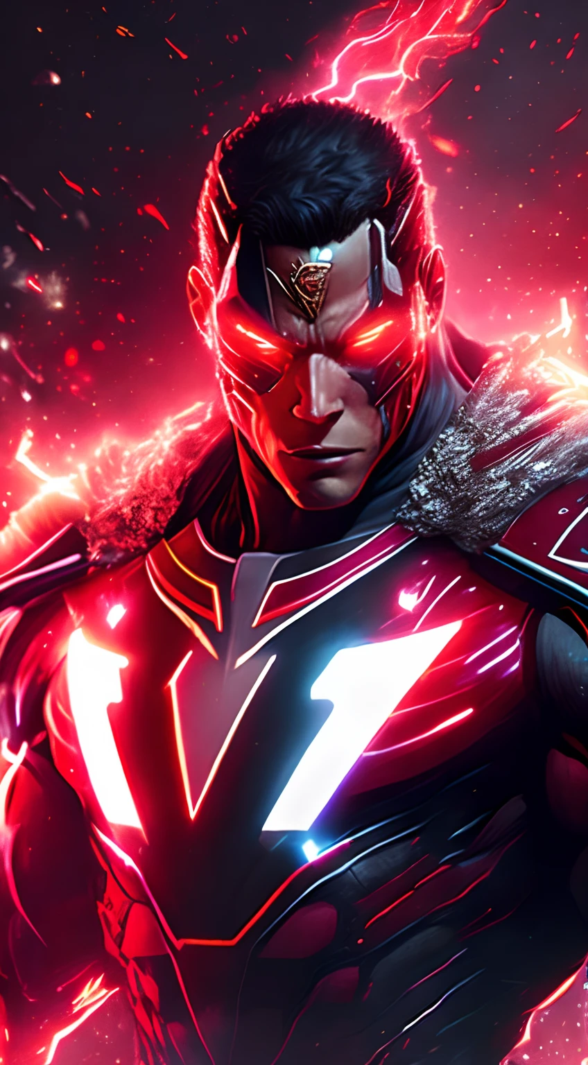 gloomy portrait of God Cyborg Shazam from DC, extremely detailed, space background, nighttime, glowing neon lights, smoke, sparks, metal shavings, flying debris, red and white energy effects, volumetric light, cowboy shot.