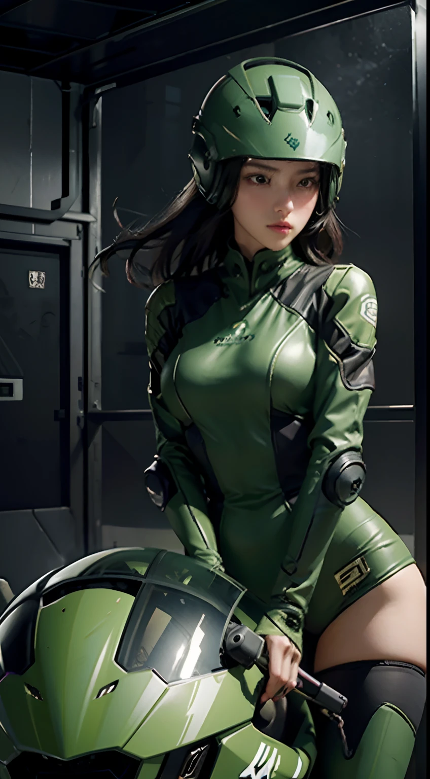 Highest image quality, outstanding details, ultra-high resolution, (realism: 1.4), the best illustration, favor details, highly condensed 1girl, with a delicate and beautiful face, dressed in a black and green mecha, wearing a mecha helmet, holding a directional controller, riding on a motorcycle, the background is a high-tech lighting scene of the future city.