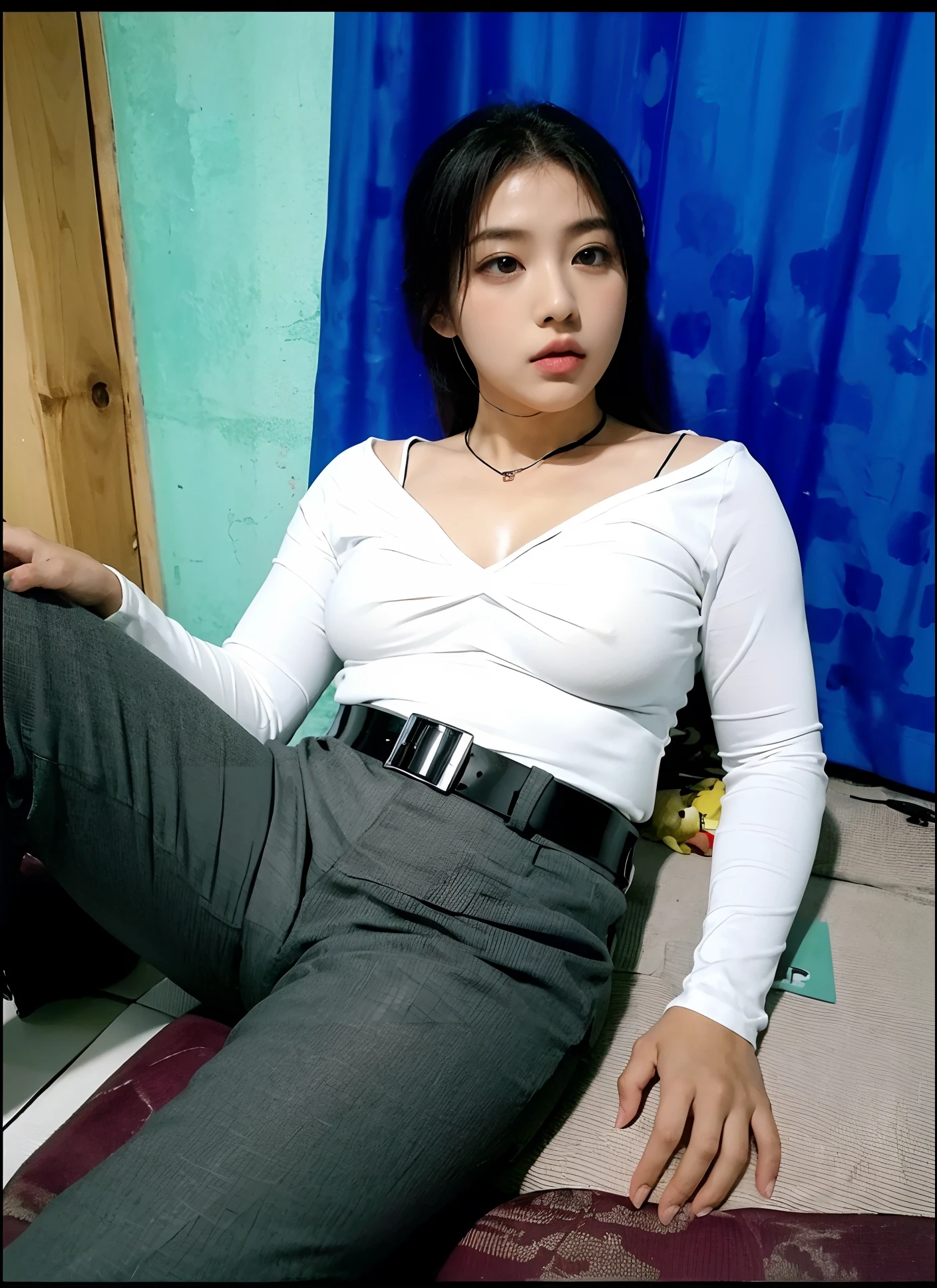 a girl big tits wearing ((tight white shirt)),((( glossy black belt))),((gray trousers))