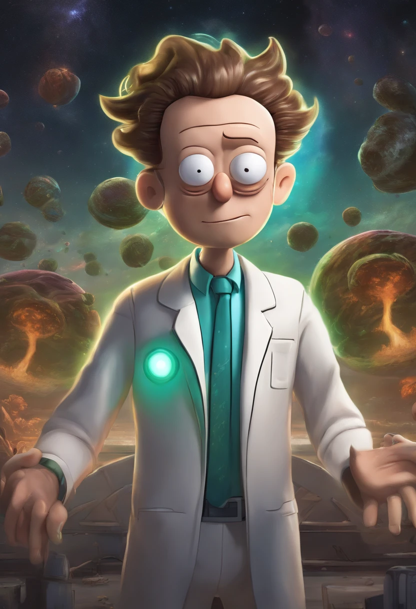(best quality:1.2,ultra-detailed,realistic:1.37),drawing of the character from Rick and Morty in the art style of the Rick and Morty universe,high-res,professional,portrait,anime,vivid colors,physically-based rendering,detailed facial features,sharp focus,humorous expression,stylized hair,universe background,dimensional portal,humorous props,sci-fi,studio lighting,bokeh